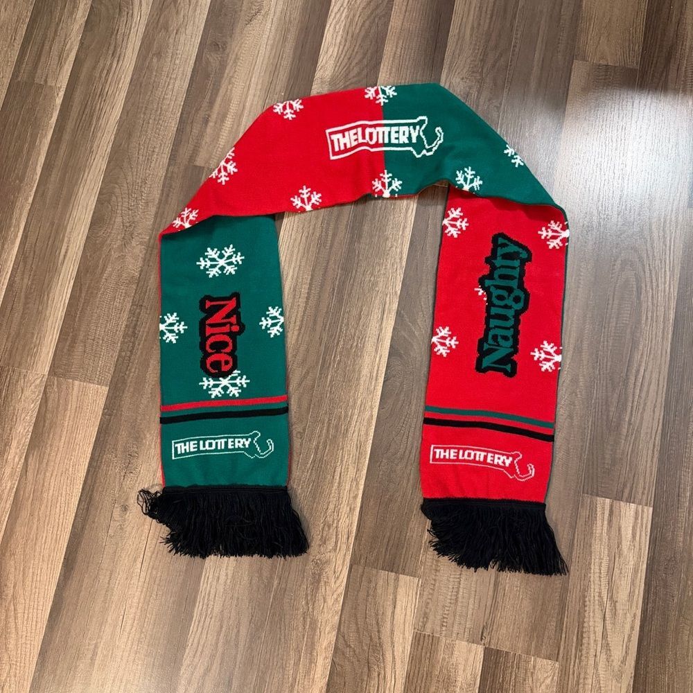 Mass. Lottery Promotional Red and Green Holiday Scarf with Fringe